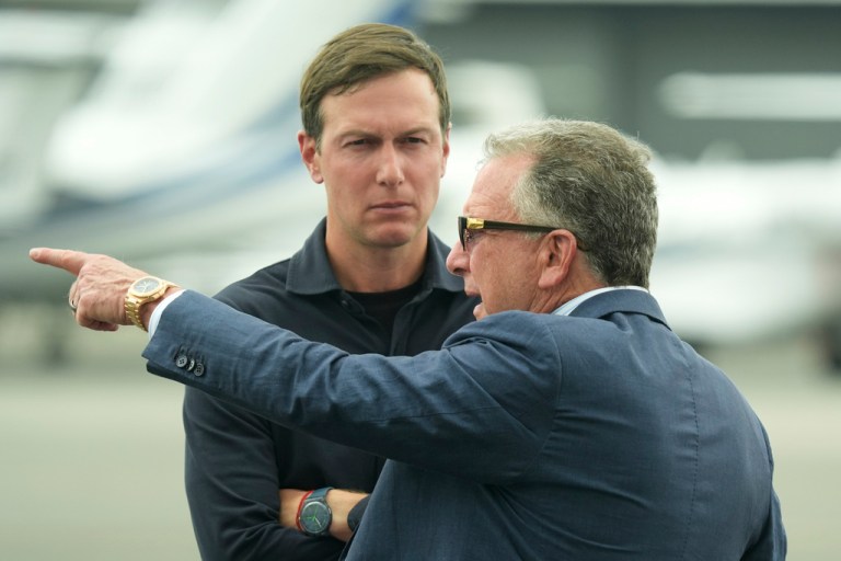 White House special envoy Steve Witkoff, right, and Jared Kushner wait for the arrival of President Donald Trump at Teterboro Airport in Teterboro, N.J., en route to attend the Club World Cup final soccer match, Sunday, July 13, 2025.