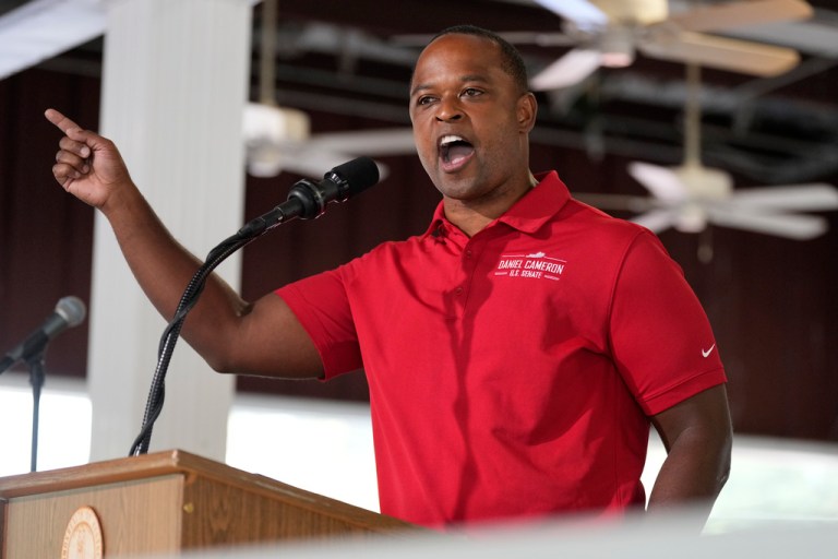 Former Kentucky Attorney General Daniel Cameron speaks at the annual Fancy Farm picnic