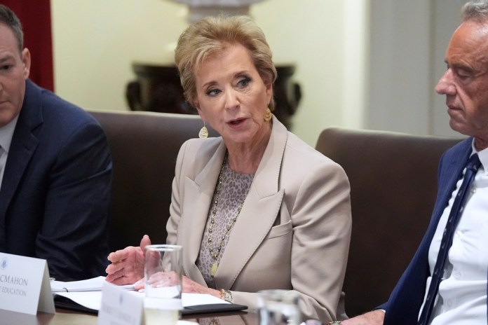 Secretary of Education Linda McMahon speaks during a cabinet meeting with President Donald Trump, Tuesday, Aug. 26, 2025, at the White House in Washington.