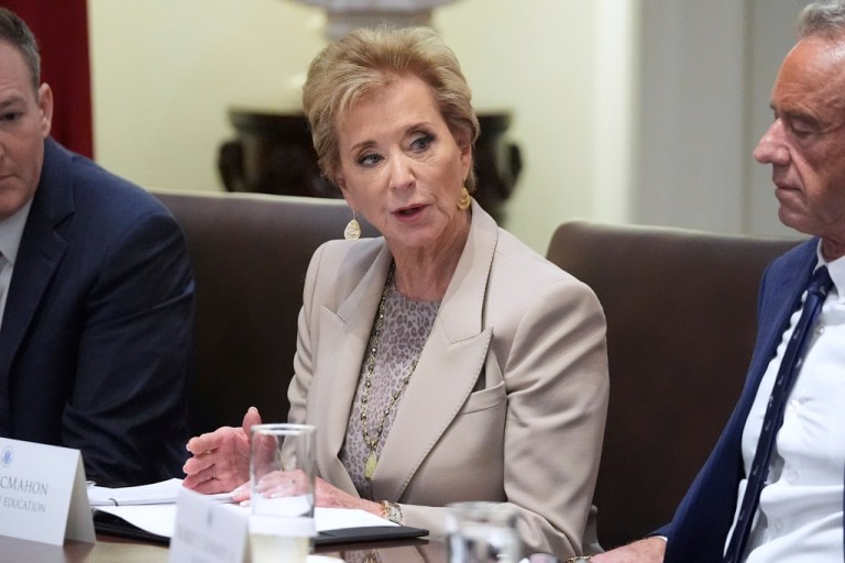 Secretary of Education Linda McMahon speaks during a cabinet meeting with President Donald Trump, Tuesday, Aug. 26, 2025, at the White House in Washington.