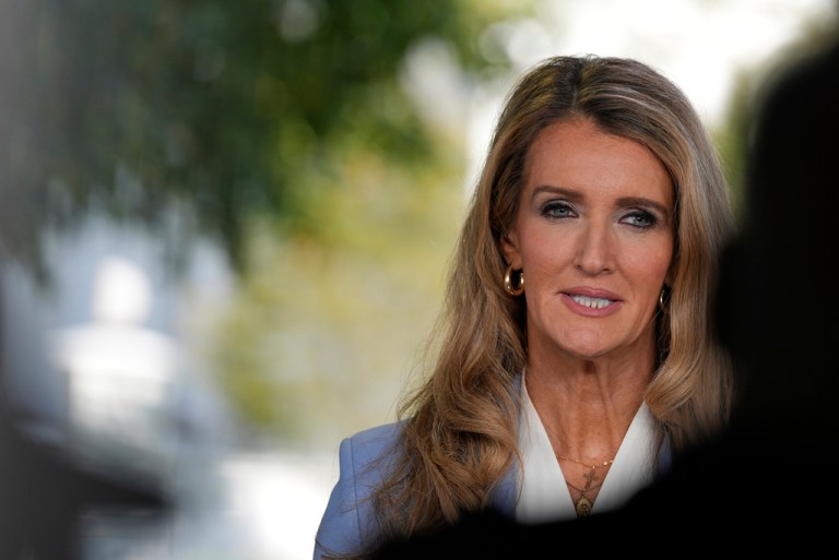 Small Business Administration administrator Kelly Loeffler speaks during a television interview at the White House, Tuesday, Aug. 26, 2025, in Washington.