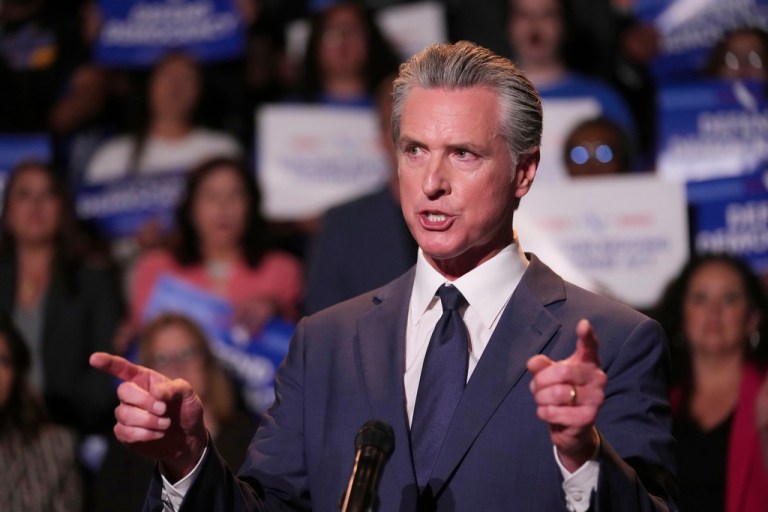 Gavin Newsom speaks during a rally to push for a redistricting measure.