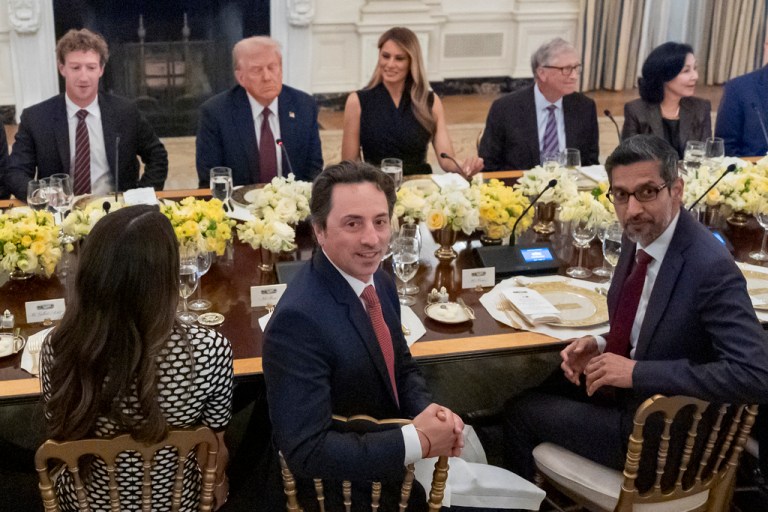 President Donald Trump hosts a dinner with Big Tech leaders at the White House.