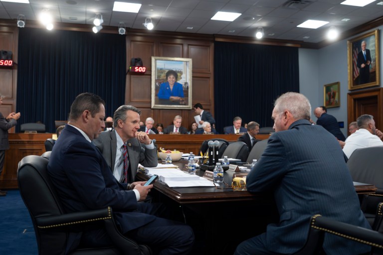 From left, Rep. Tony Gonzales, R-Texas, Rep. Ben Cline, R-Va., and Rep. Mark Alford, R-Mo., talk as the House Appropriations Committee holds a markup on the Labor, Health and Human Services, Education, and Related Agencies Bill, at the Capitol in Washington, Tuesday, Sept. 9, 2025. (AP Photo/J. Scott Applewhite)