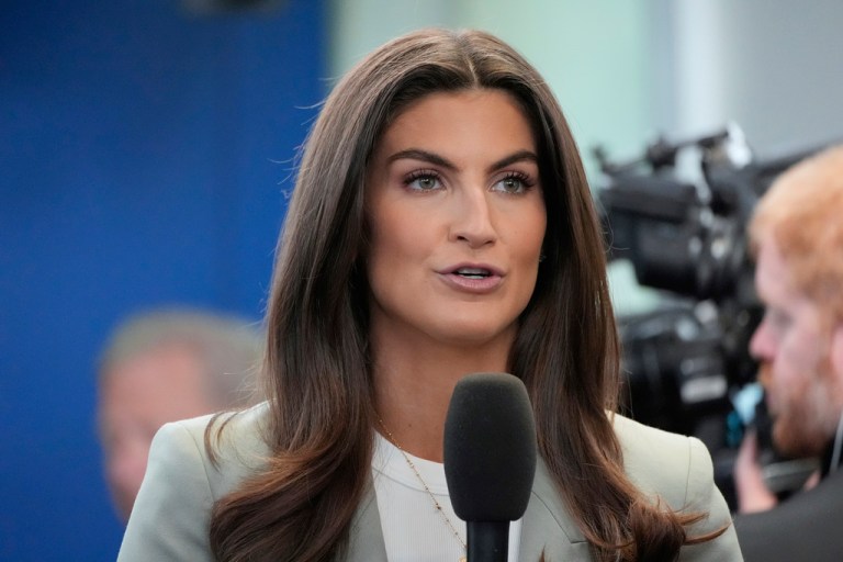 CNN correspondent Kaitlan Collins speaks in the James Brady press briefing room before White House press secretary Karoline Leavitt appears a press briefing at the White House.