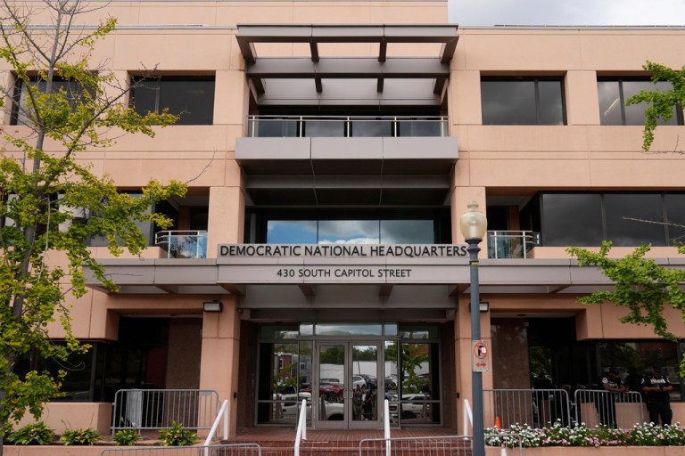 The Democratic National Committee headquarters are pictured, Thursday, Sept. 11, 2025, in Washington. (AP Photo/Mark Schiefelbein)