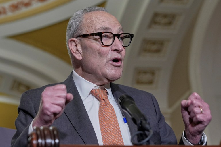 Senate Minority Leader Chuck Schumer of N.Y., speaks during a news conference after a policy luncheon at the Capitol, Tuesday, Sept. 16, 2025, in Washington. (AP Photo/Mariam Zuhaib)