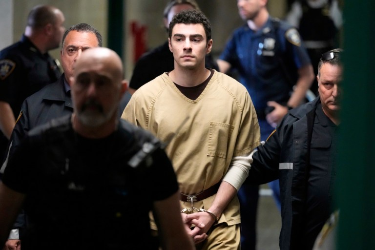 Luigi Mangione is escorted into Manhattan state court in New York, Tuesday, Sept. 16, 2025. (AP Photo/Seth Wenig)