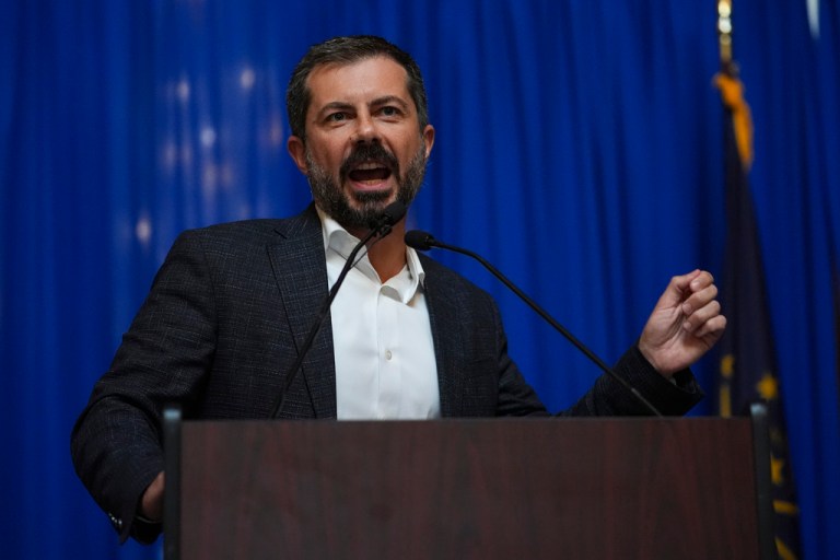 Former Transportation Secretary Pete Buttigieg speaks at a rally at the Statehouse in Indianapolis, Thursday, Sept. 18, 2025 for Indiana Democrats amid pressure from President Donald Trump on Republicans who control the state's legislature to redistrict congressional seats. (AP Photo/Michael Conroy)
