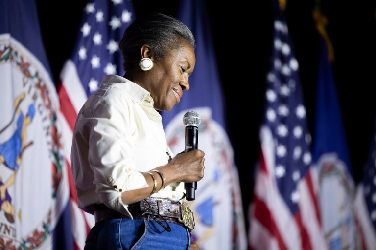 Virginia Republican gubernatorial candidate Winsome Earle-Sears speaks to a crowd during a campaign rally in Chesterfield, Va., Friday, Sept. 19, 2025. (Mike Kropf/Richmond Times-Dispatch via AP)