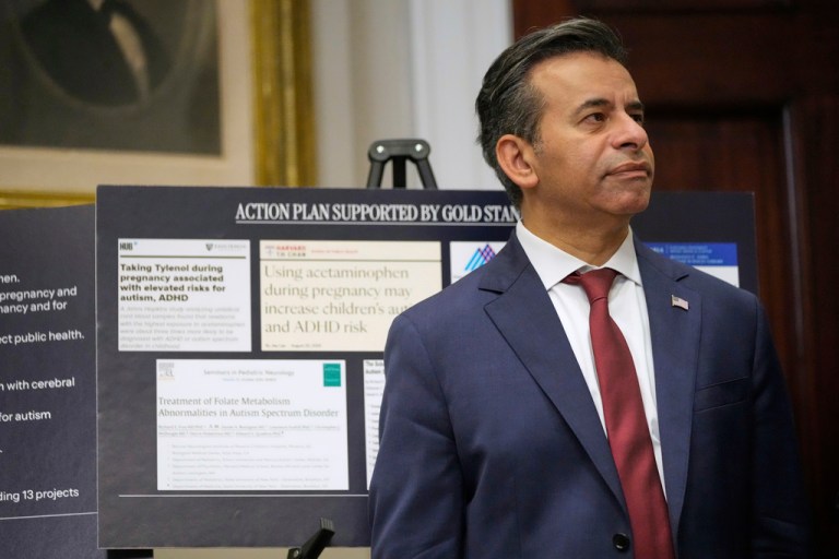 Dr. Marty Makary, commissioner of the Food and Drug Administration, listens as President Donald Trump speaks in the Roosevelt Room of the White House, Monday, Sept. 22, 2025, in Washington. (AP Photo/Mark Schiefelbein)