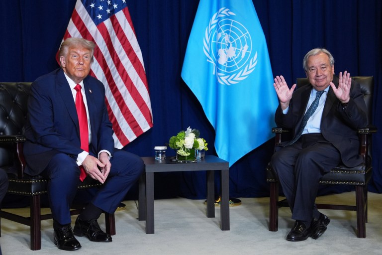 President Donald Trump meets with United Nations Secretary-General António Guterres during the United Nations General Assembly, Tuesday, Sept. 23, 2025, in New York. (AP Photo/Evan Vucci)