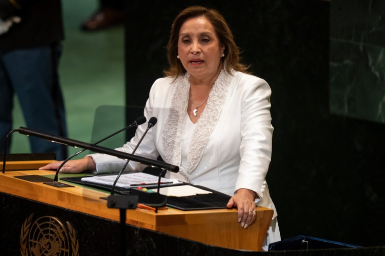Peru President Dina Boluarte addresses the 80th session of the United Nations General Assembly, Tuesday, Sept. 23, 2025, at U.N. headquarters. (AP Photo/Yuki Iwamura)