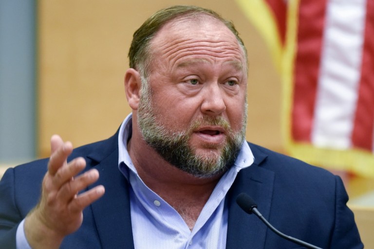 FILE - Alex Jones takes the witness stand to testify at the Sandy Hook defamation damages trial at Connecticut Superior Court in Waterbury, Conn., Sept. 22, 2022. (Tyler Sizemore/Hearst Connecticut Media via AP, Pool, File)
