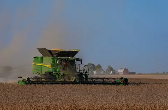 Soybeans are harvested on the Warpup Farm in Warren, Ind., Wednesday, Sept. 17, 2025.