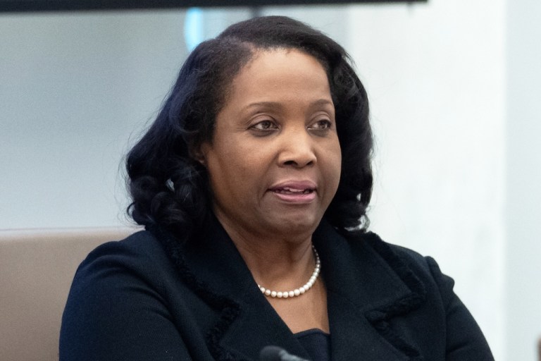 Federal Reserve Board of Governors member Lisa Cook listens during an open meeting of the Board of Governors.