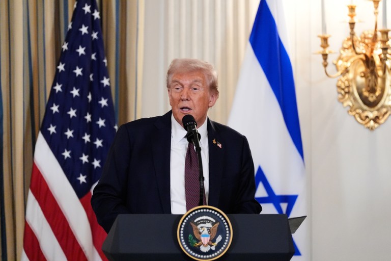 President Donald Trump speaks during a news conference with Israel's Prime Minister Benjamin Netanyahu in the State Dining Room of the White House, Monday, Sept. 29, 2025, in Washington.