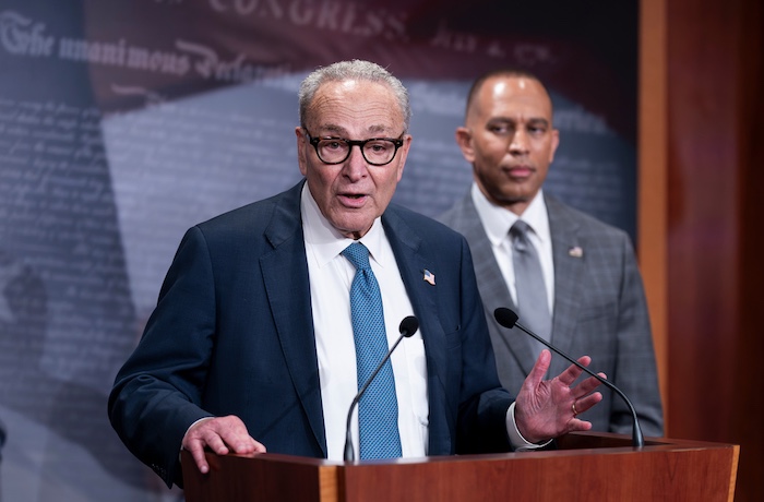 Senate Minority Leader Chuck Schumer, D-N.Y., and House Minority Leader Hakeem Jeffries, D-N.Y., right, update reporters following their face-to-face meeting with President Donald Trump and Republican leaders on the looming government funding crisis, at the Capitol in Washington, Monday, Sept. 29, 2025.
