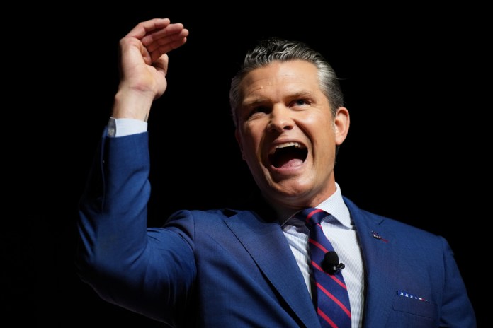 War Secretary Pete Hegseth speaks to senior military leaders at Marine Corps Base Quantico, Tuesday, Sept. 30, 2025 in Quantico, Virginia.