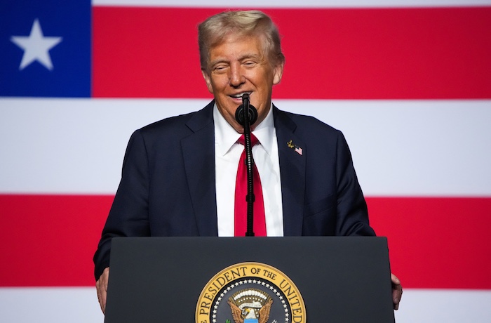 President Donald Trump speaks to a gathering of top U.S. military commanders at Marine Corps Base Quantico, Tuesday, Sept. 30, 2025, in Quantico, Va.