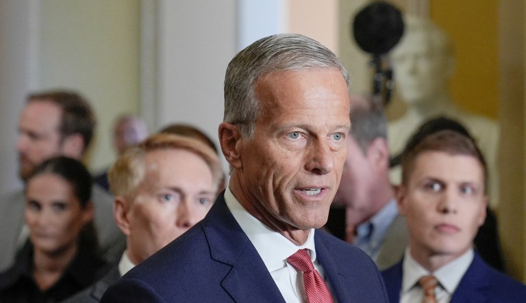 Senate Majority Leader John Thune, R-S.D., speaks during a news conference after a policy luncheon at the Capitol, Tuesday, Sept. 30, 2025, in Washington.