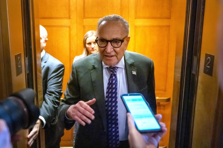 Senate Minority Leader Chuck Schumer (D-NY) speaks to reporters.