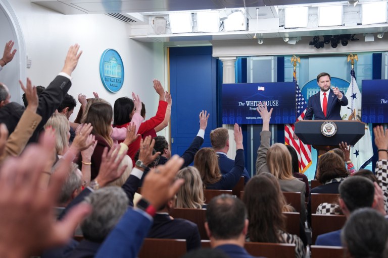Vice President JD Vance speaks with reporters.