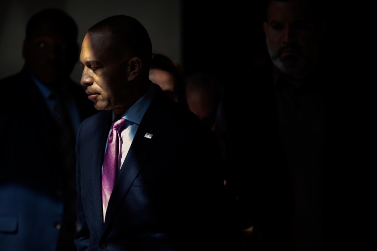 House Minority Leader Hakeem Jeffries, of N.Y., walks to a press conference on Capitol Hill on Wednesday, Oct. 1, 2025, in Washington.