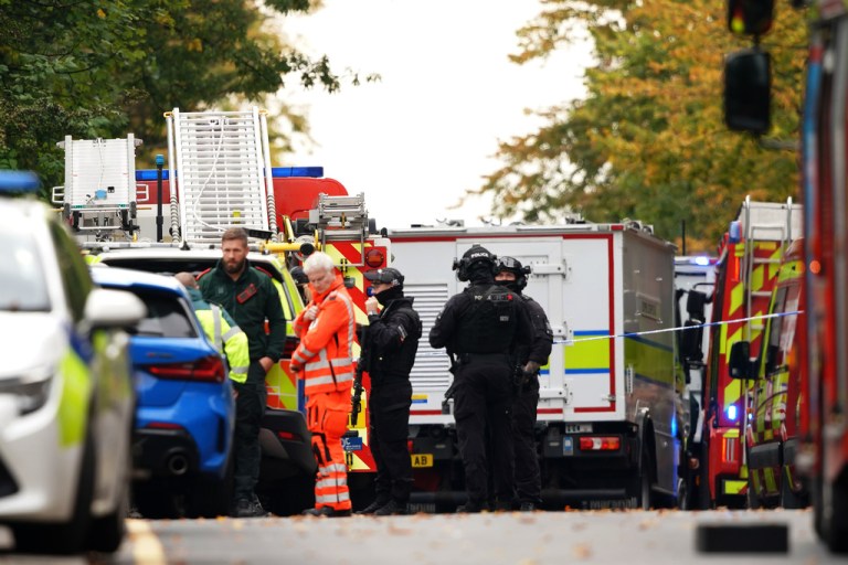Emergency service workers at the scene of a stabbing incident at Heaton Park Hebrew Congregation synagogue, in Crumpsall, Manchester, England.