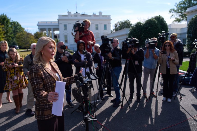 White House press secretary Karoline Leavitt speaks with reporters at the White House, Thursday, Oct. 2, 2025, in Washington. (AP Photo/Evan Vucci)