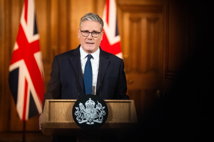 British Prime Minister Keir Starmer speaks at 10 Downing Street, London, following the incident at Heaton Park Hebrew Congregation synagogue in Crumpsall, Manchester, Thursday, Oct. 2, 2025. (James Manning, Pool Photo via AP)