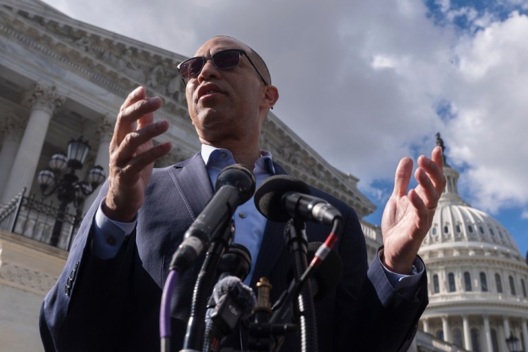 House Minority Leader Hakeem Jeffries (D-NY) speaks to reporters on Capitol Hill on Thursday, Oct. 2, 2025, in Washington, D.C.