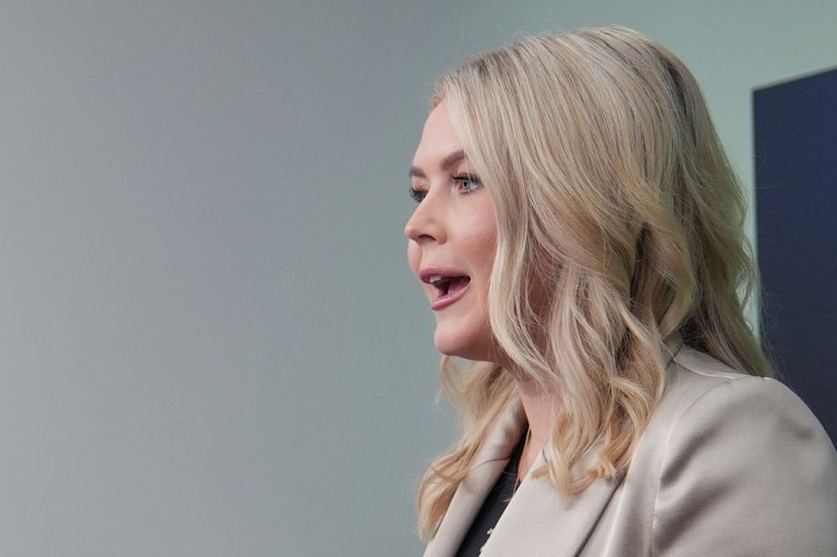 White House press secretary Karoline Leavitt speaks during a press briefing at the White House, Friday, Oct. 3, 2025, in Washington.