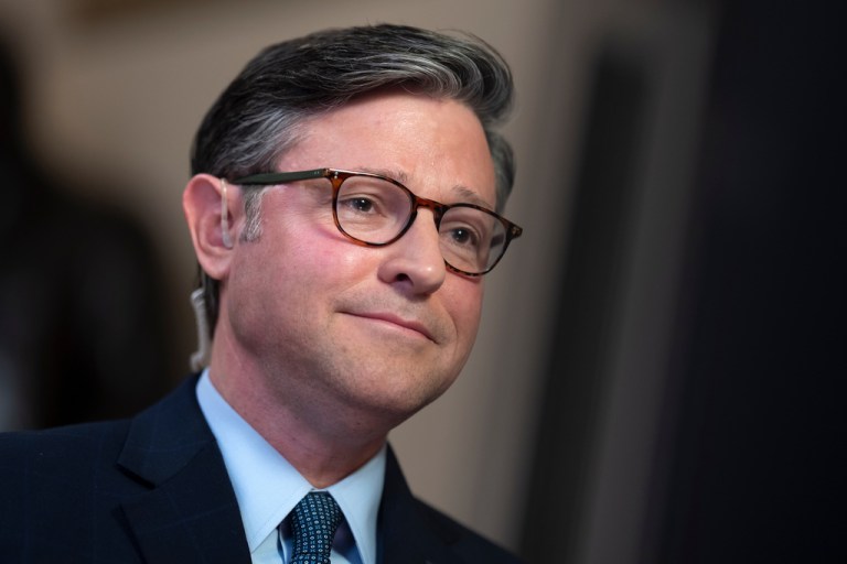 Speaker of the House Mike Johnson, R-La., does a television interview with FOX News on the third day of the government shutdown, at the Capitol in Washington, Friday, Oct. 3, 2025. (AP Photo/J. Scott Applewhite)