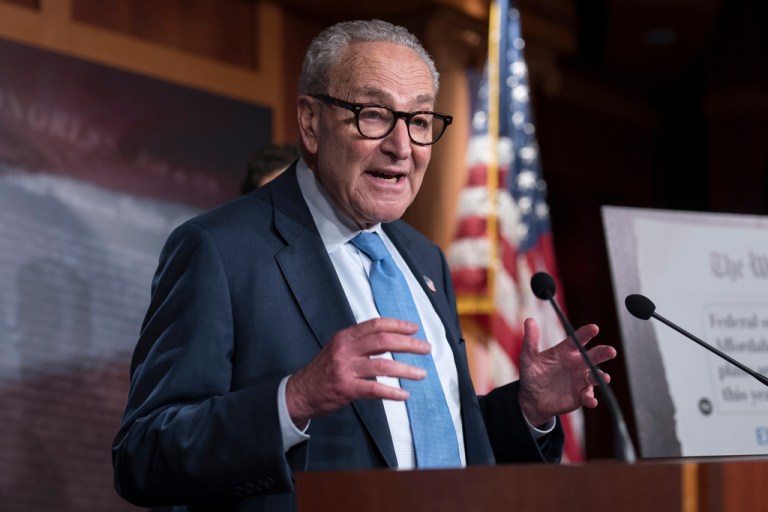 Senate Minority Leader Chuck Schumer, D-N.Y., holds a news conference on the third day of the government shutdown, at the Capitol in Washington, Friday, Oct. 3, 2025.