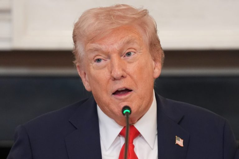 President Donald Trump speaks during a roundtable meeting on antifa in the State Dining Room at the White House.