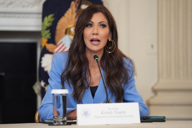 Secretary of Homeland Security Kristi Noem speaks at a White House roundtable on antifa.