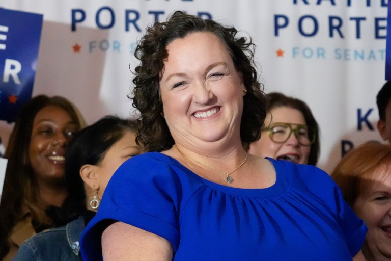 FILE - U.S. Rep. Katie Porter, D-Calif., smiles as she prepares to address supporters at an election night party, March 5, 2024, in Long Beach, Calif.
