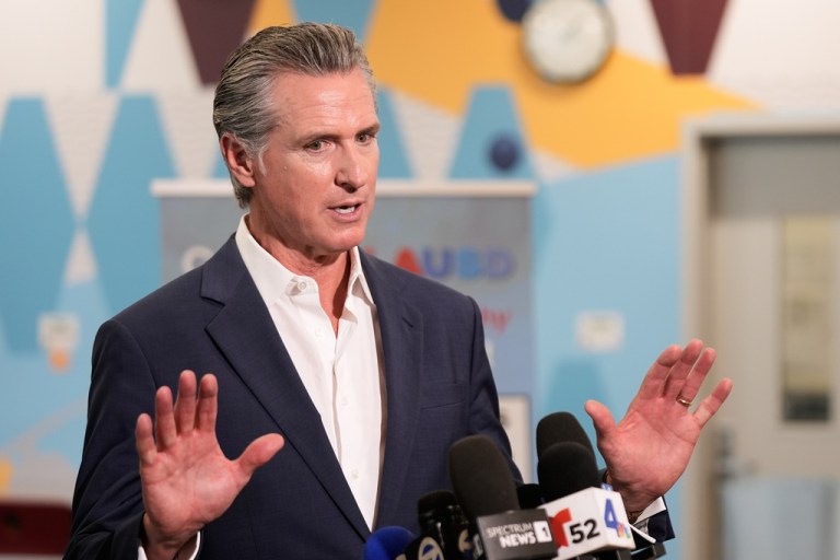 California Gov. Gavin Newsom speaks at a news conference at Belvedere Middle School, Wednesday, Oct. 8, 2025, in Los Angeles.