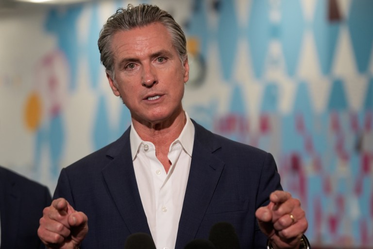 California Gov. Gavin Newsom speaks at a news conference at Belvedere Middle School, Wednesday, Oct. 8, 2025, in Los Angeles. (AP Photo/Damian Dovarganes)