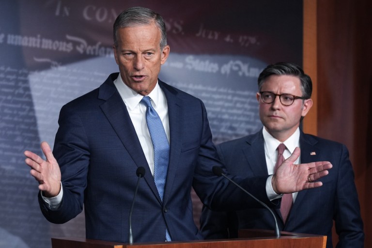 Senate Majority Leader John Thune, R-S.D., left, and Speaker of the House Mike Johnson, R-La., speak at a news conference as the government shutdown begins its tenth day, in Washington, Friday, Oct. 10, 2025. (AP Photo/J. Scott Applewhite)
