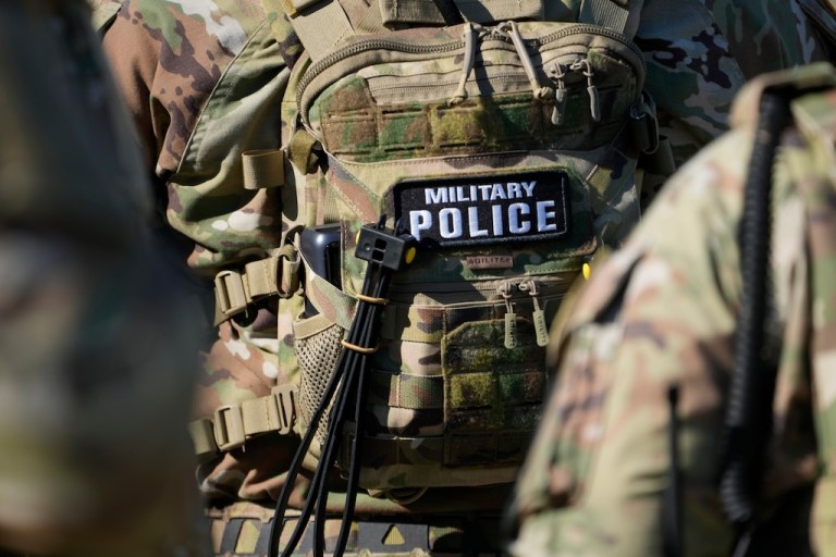 Members from the 117th Military Police Battalion of the National Guard conduct a community safety patrol at Tom Lee Park, Sunday, Oct. 12, 2025, in Memphis, Tenn. (AP Photo/George Walker IV)