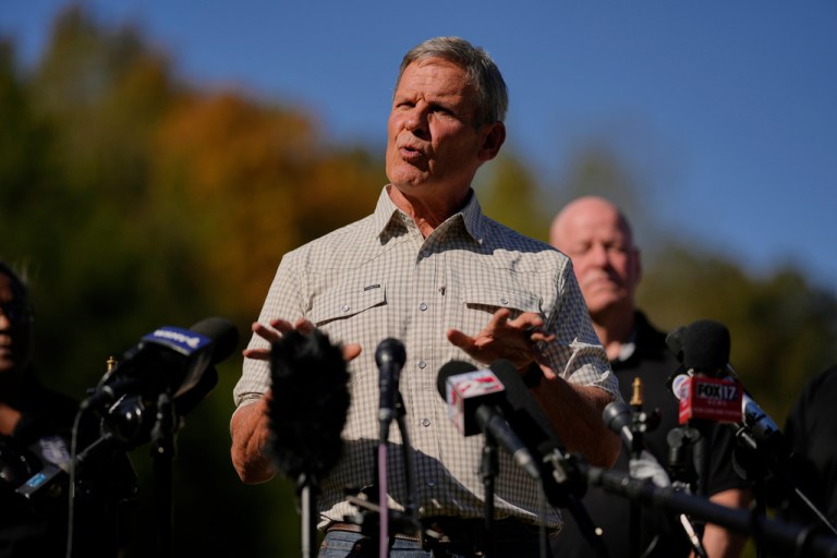 Gov. Bill Lee speaks about the blast at Accurate Energetic Systems during a news conference, Sunday, Oct. 12, 2025, in McEwen, Tenn.