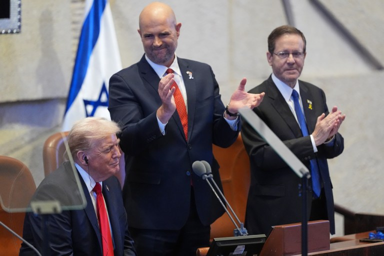 Knesset Speaker Amir Ohana stands to congratulate President Donald Trump.