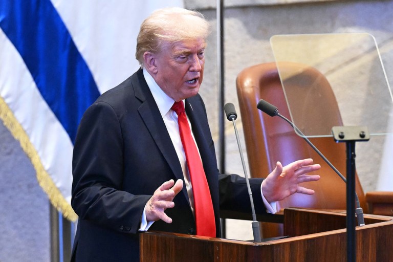 President Donald Trump speaks at the Knesset.