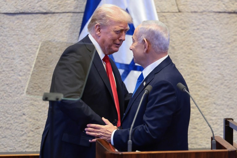 President Donald Trump speaks with Israeli Prime Minister Benjamin Netanyahu.