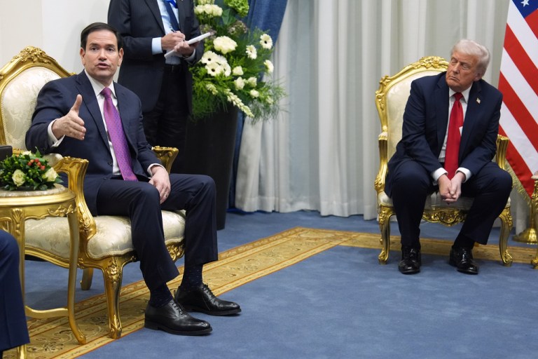 Secretary of State Marco Rubio speaks during a meeting with President Donald Trump and Egypt's President Abdel-Fattah el-Sissi during a summit to support ending the more than two-year Israel-Hamas war in Gaza after a breakthrough ceasefire deal, Monday, Oct. 13, 2025, in Sharm El Sheikh, Egypt.