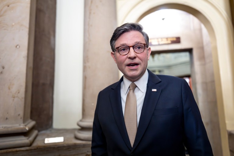 Speaker of the House Mike Johnson (R-LA) praises President Donald Trump's peacemaking efforts leading to a ceasefire pausing two years of war in the Gaza Strip, at the Capitol in Washington, Monday, Oct. 13, 2025.