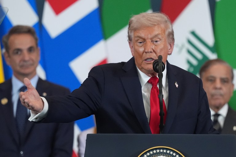 President Donald Trump speaks during a summit to support ending the more than two-year Israel-Hamas war in Gaza after a breakthrough ceasefire deal, Monday, Oct. 13, 2025, in Sharm El Sheikh, Egypt. (AP Photo/Evan Vucci)