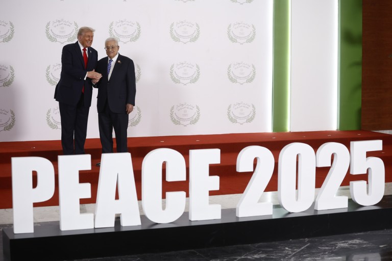 President Donald Trump and Palestinian President Mahmoud Abbas pose at the Gaza Peace Summit in Sharm el-Sheikh, Egypt, Monday, Oct.13 2025.